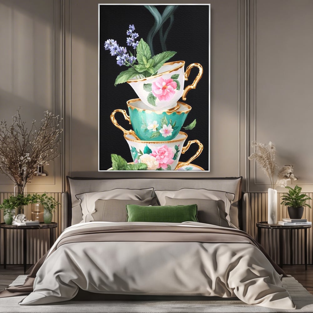 Tablou canvas cu stiva de cesti pictate cu flori, in rama de aluminiu argintiu, pe perete intr-un dormitor